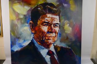 A large canvas print portrait after Steve Penley depicting Ronald Reagan,