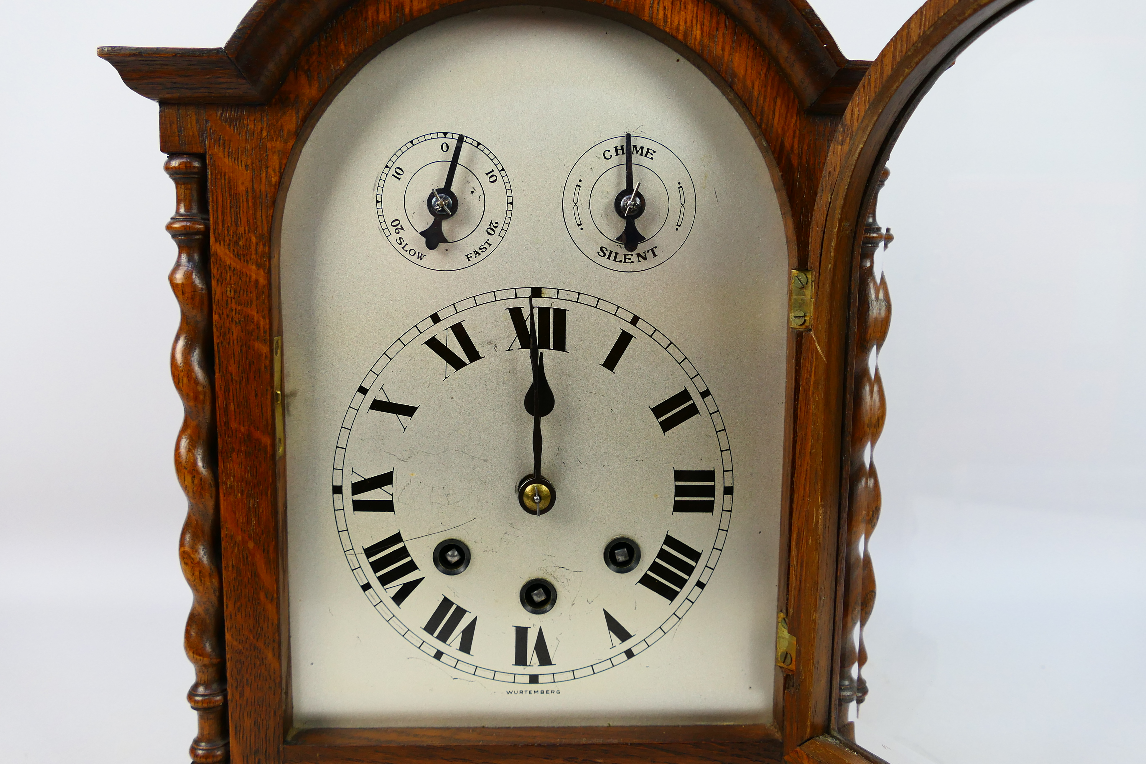 An early 20th century oak cased Westminster chiming mantel clock, the case of a medium oak colour, - Image 2 of 9