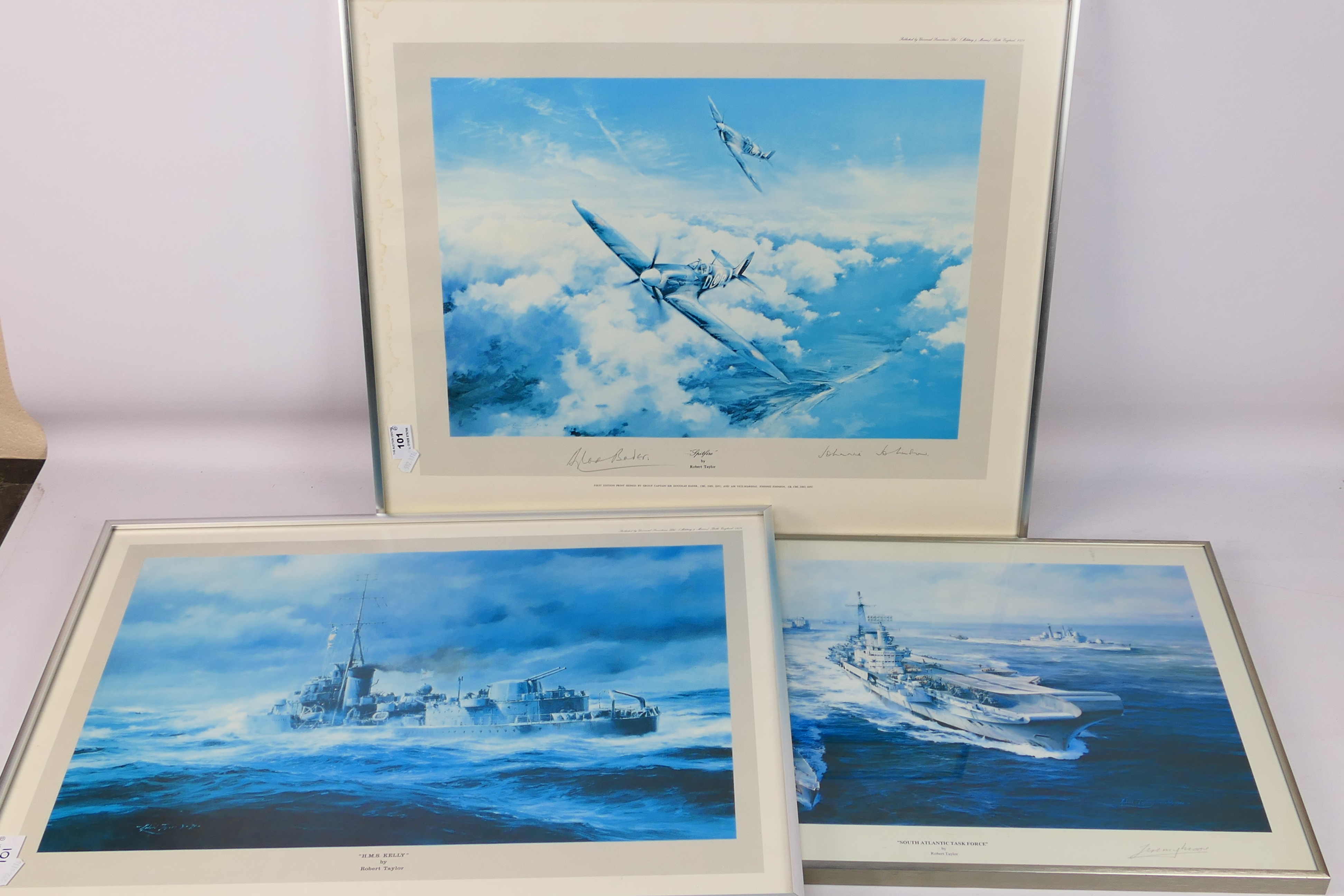 Three military related prints comprising a first edition print Spitfire by Robert Taylor,