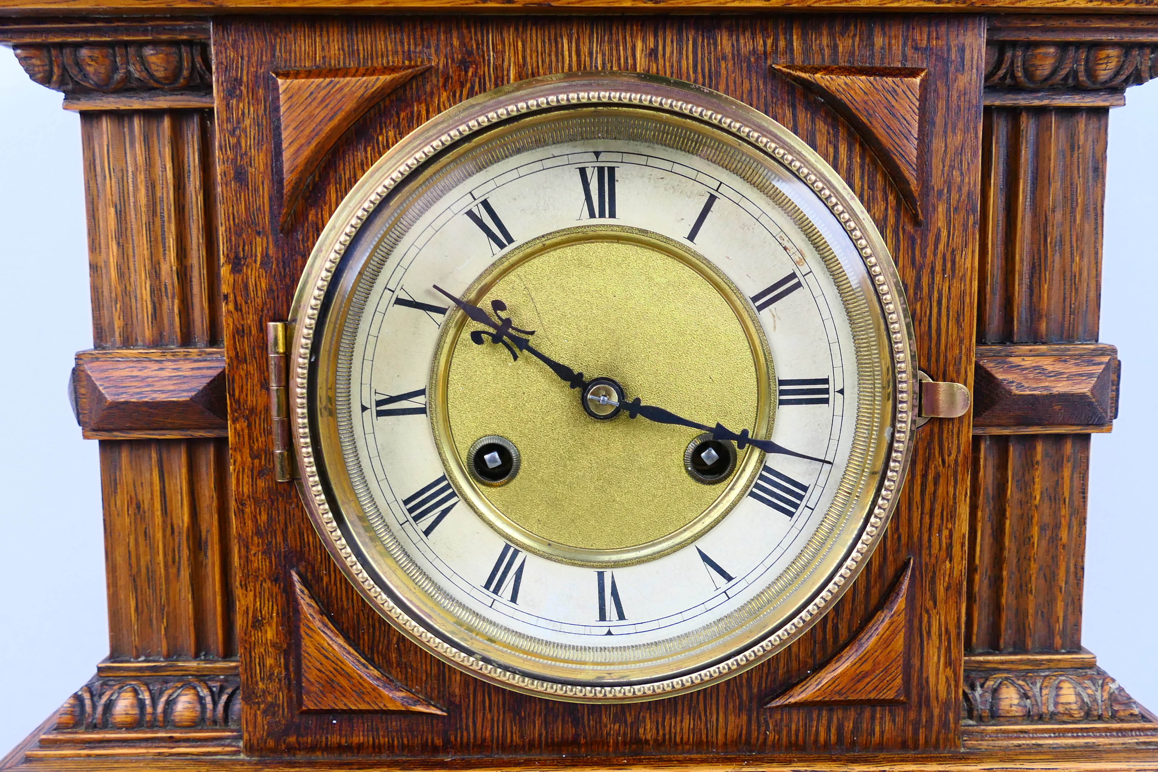 An early 20th century oak cased mantel clock of architectural form, - Image 2 of 9