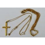 A 9ct yellow gold bracelet with heart pendant and a 9ct yellow gold crucifix pendant on 48 cm (l)