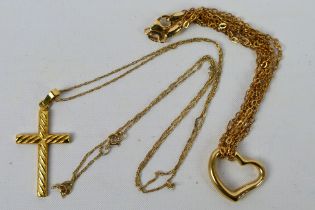 A 9ct yellow gold bracelet with heart pendant and a 9ct yellow gold crucifix pendant on 48 cm (l)