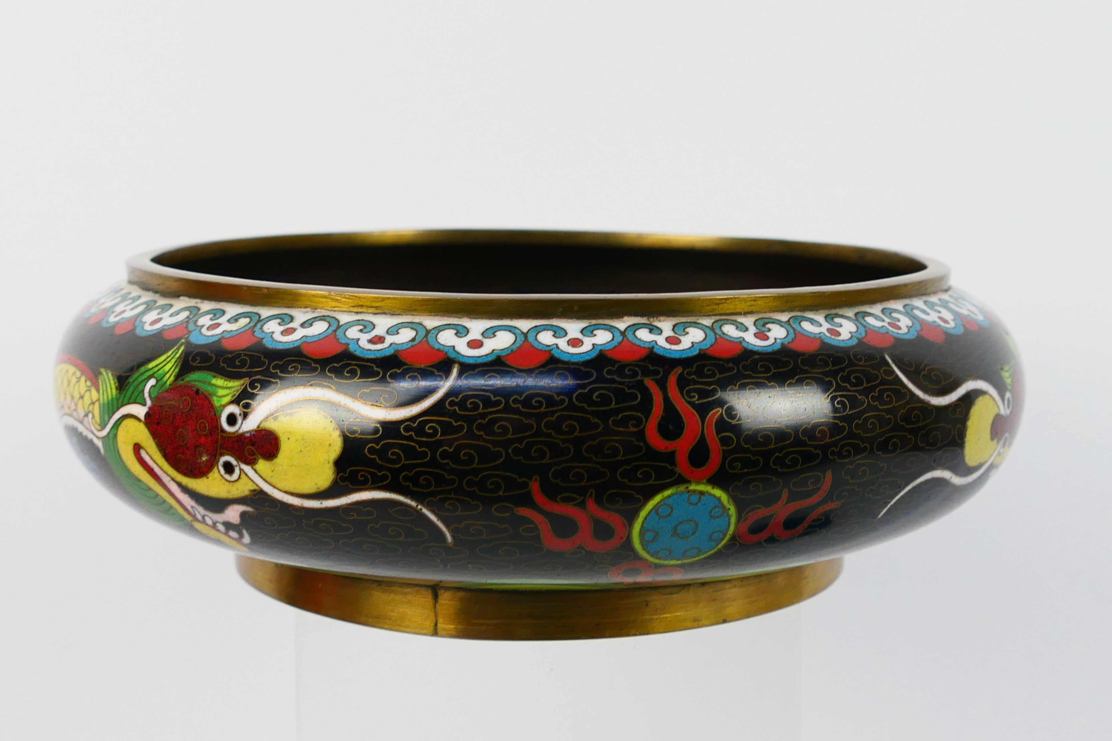 A Chinese cloisonne bowl, the exterior with confronting dragons and flaming pearl, - Image 3 of 13