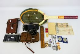Lot comprising enamelled Masonic jewels to include one silver example, vintage cameras,
