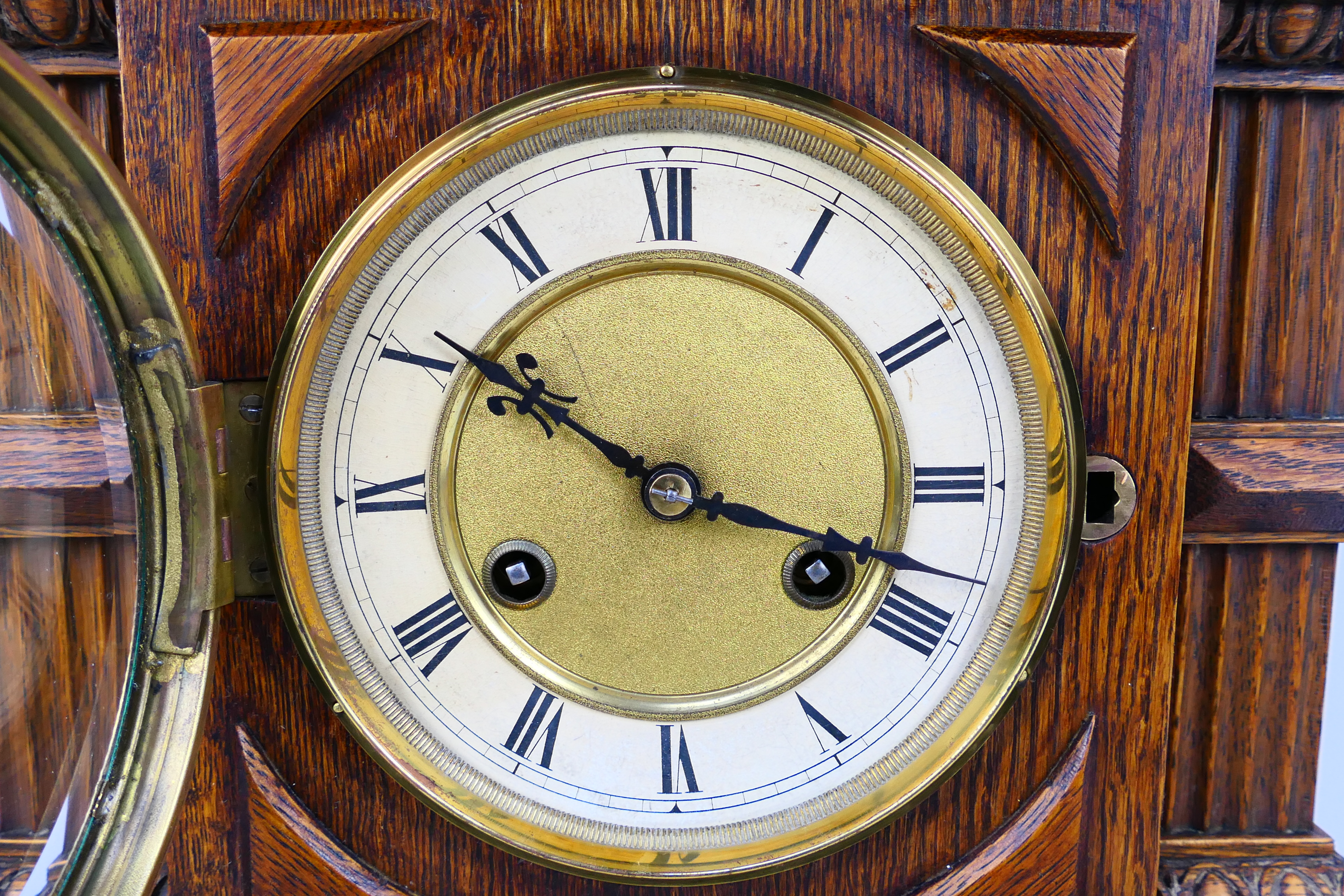 An early 20th century oak cased mantel clock of architectural form, - Image 3 of 9