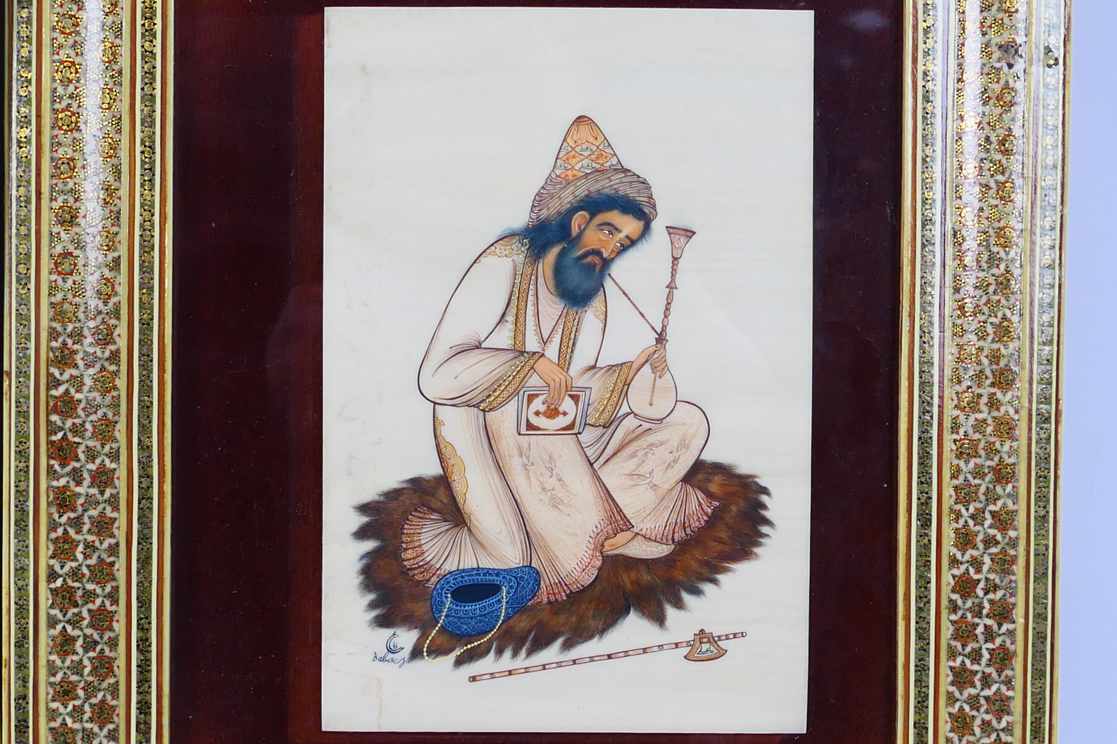 Persian miniature paintings on ivorine, the first depicting a kneeling dervish, signed, - Image 2 of 7