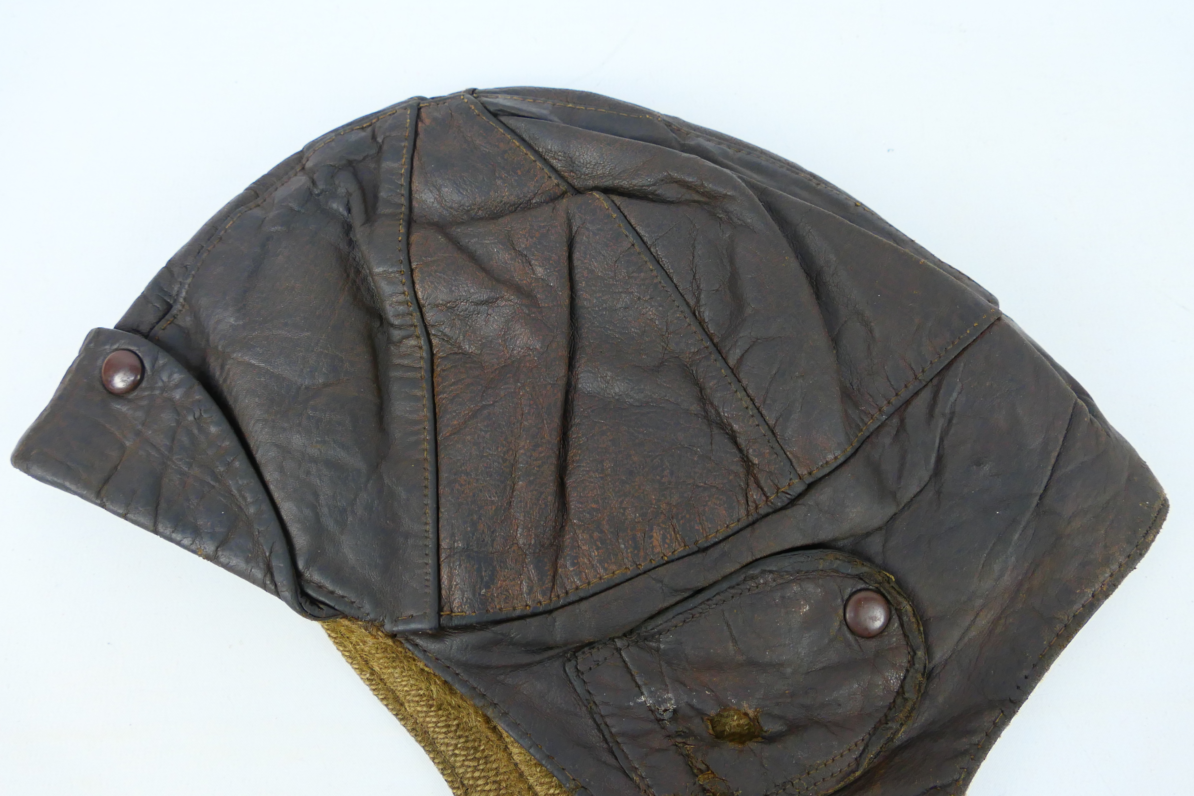 A World War One (WW1 / WWI) period leather flying helmet, RFC Mk1 style in brown leather, unmarked. - Image 2 of 10