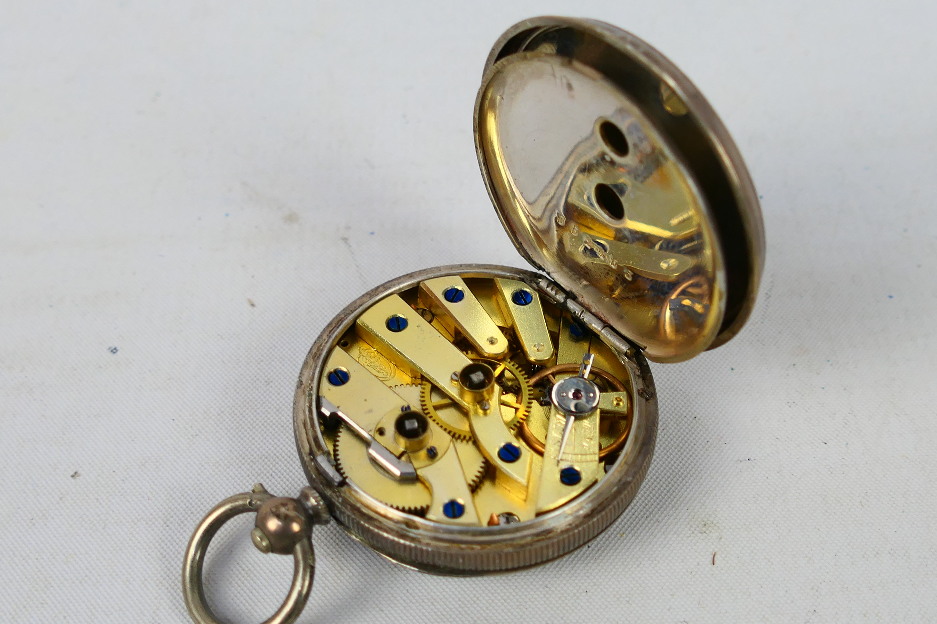 Two Swiss silver cased (one 935 fineness and one 800), open face pocket watches, - Image 7 of 10