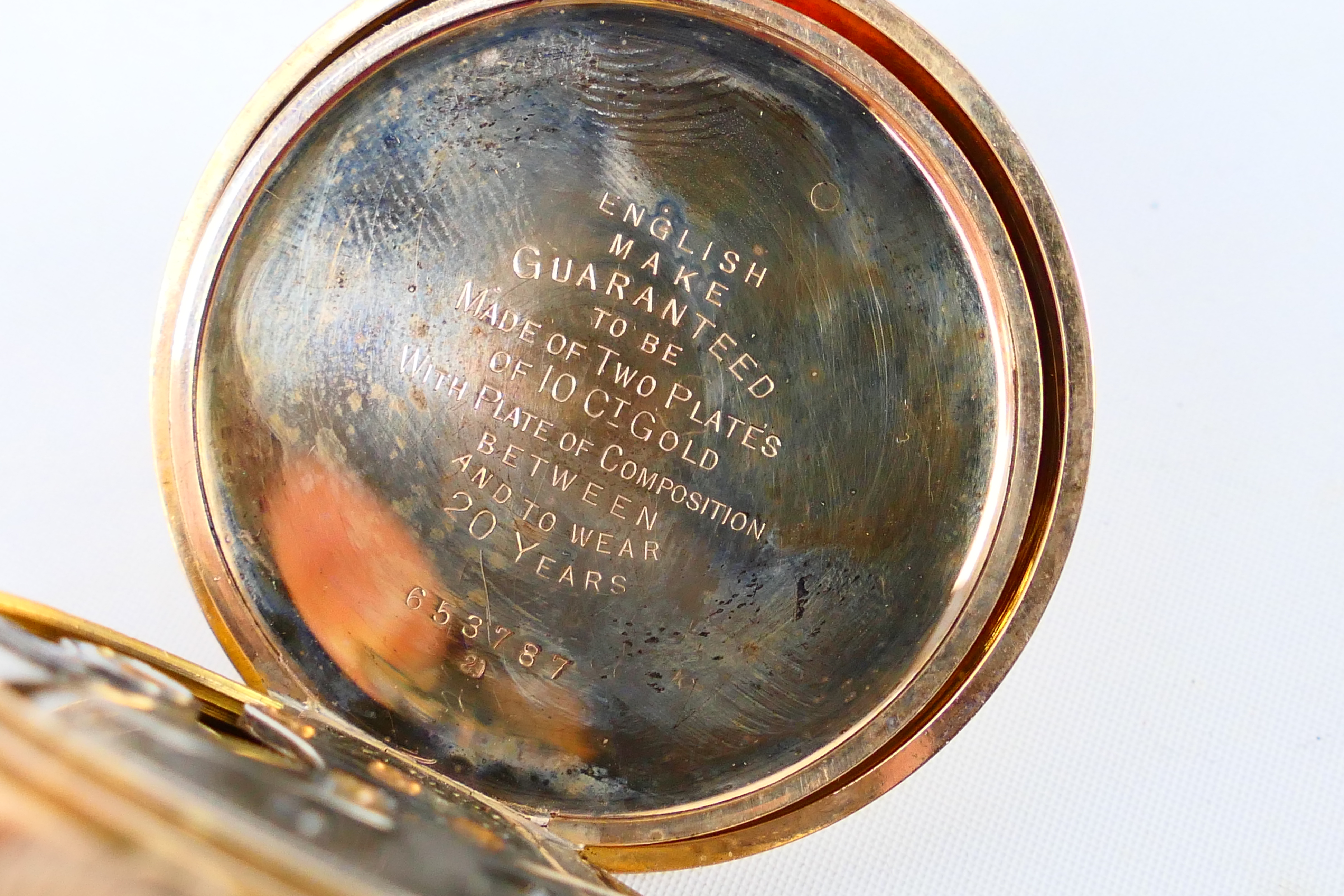 A gold plated open face pocket watch, white enamel dial with Arabic numerals, - Image 6 of 7