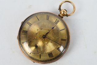 A yellow metal cased, open face pocket watch, Roman numerals, subsidiary seconds dial,