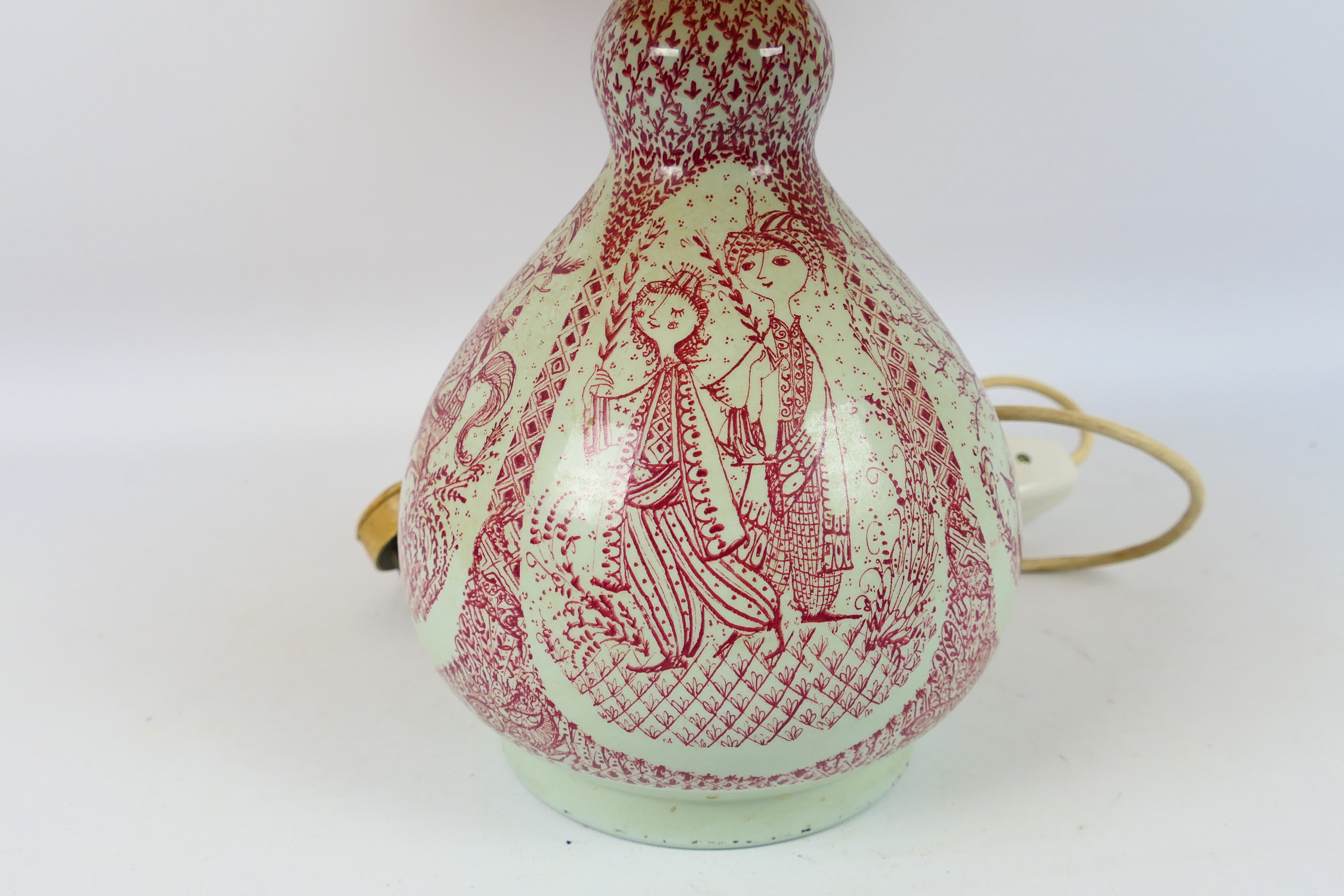 Bjorn Wiinblad For Nymolle - A pottery table lamp printed in red with figures, - Image 7 of 8