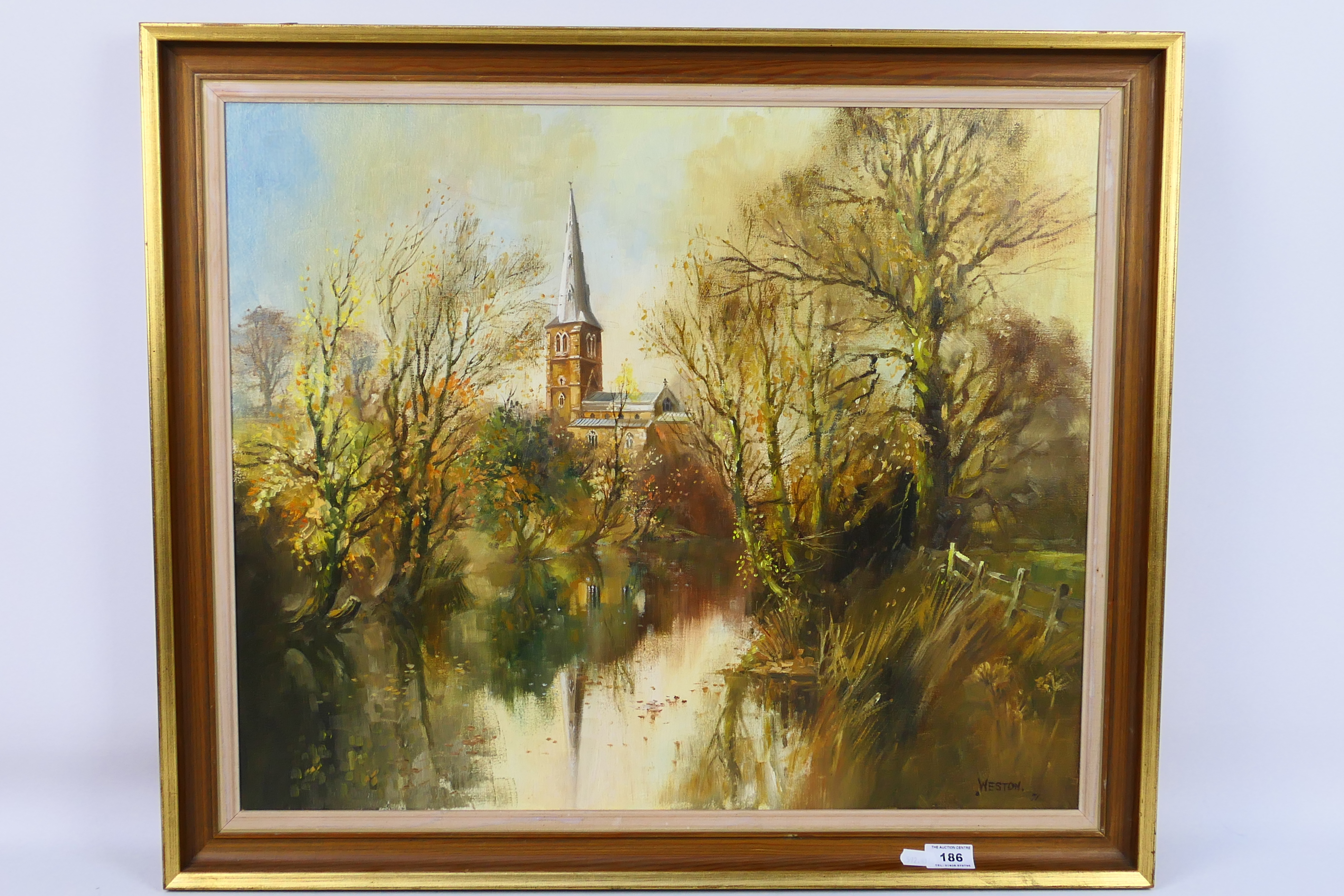 David Weston (1935 - 2011) - A framed oil on canvas landscape scene depicting a church beside a