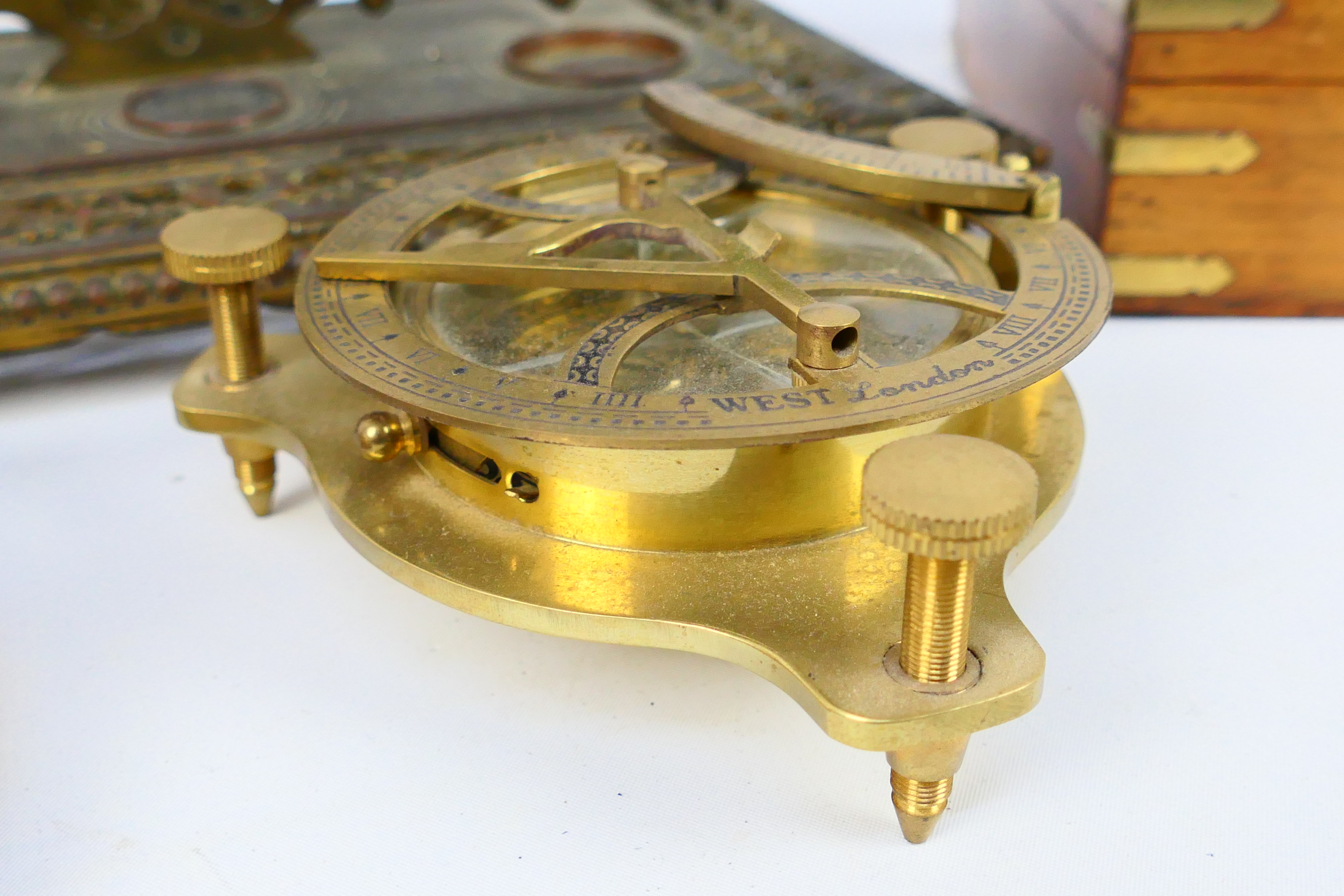 Lot to include a brass nautical sundial compass, contained in case, - Image 5 of 7