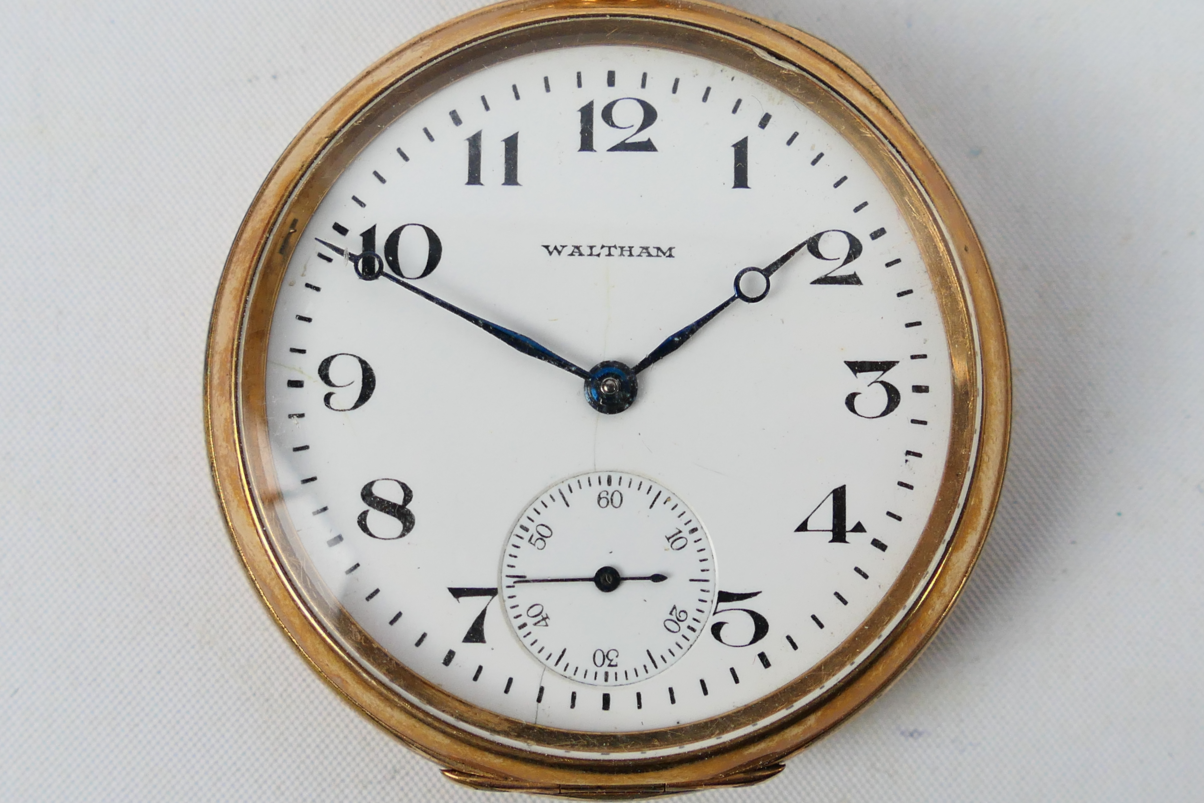A gold plated open face pocket watch, white enamel dial with Arabic numerals, - Image 2 of 7