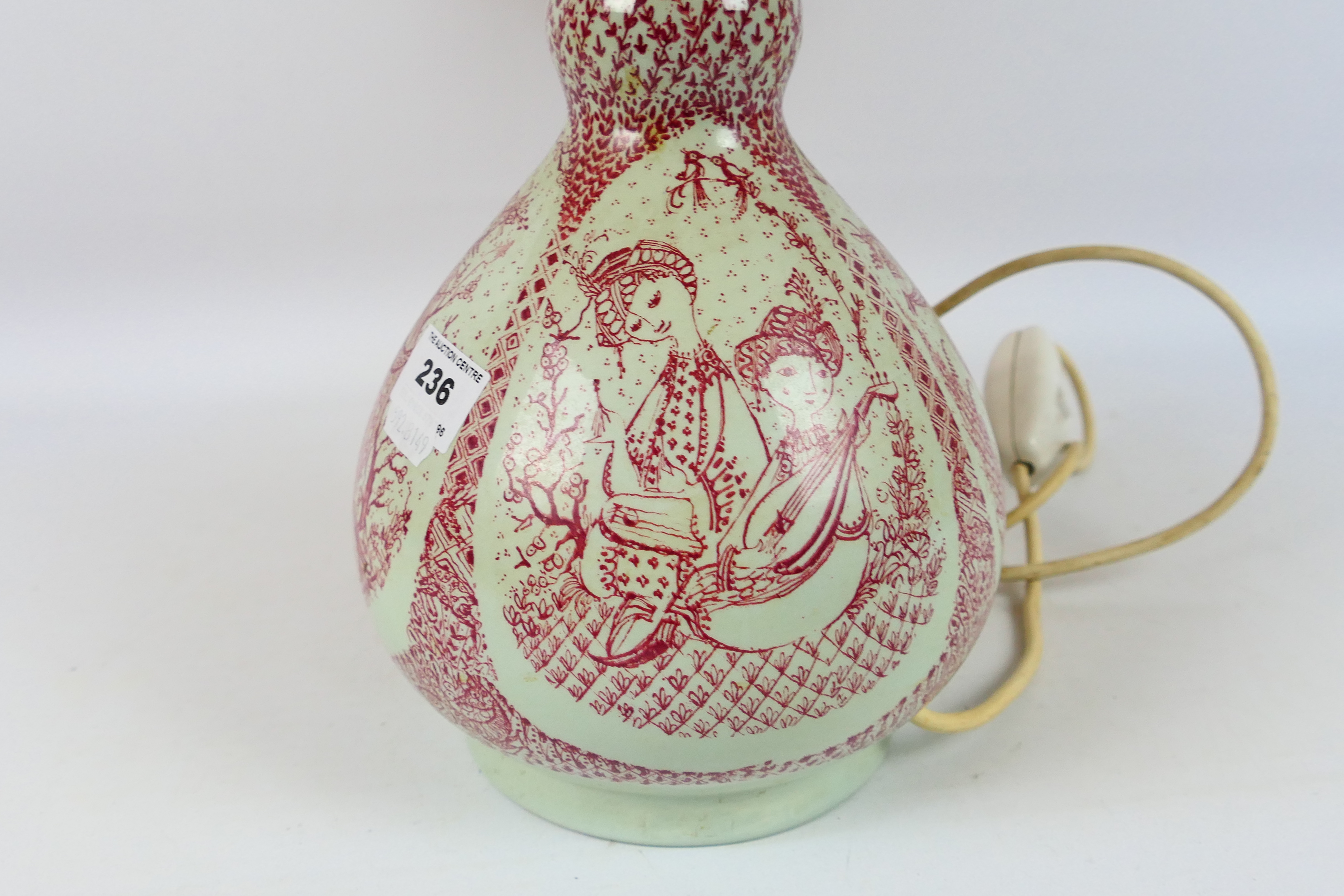 Bjorn Wiinblad For Nymolle - A pottery table lamp printed in red with figures, - Image 4 of 8