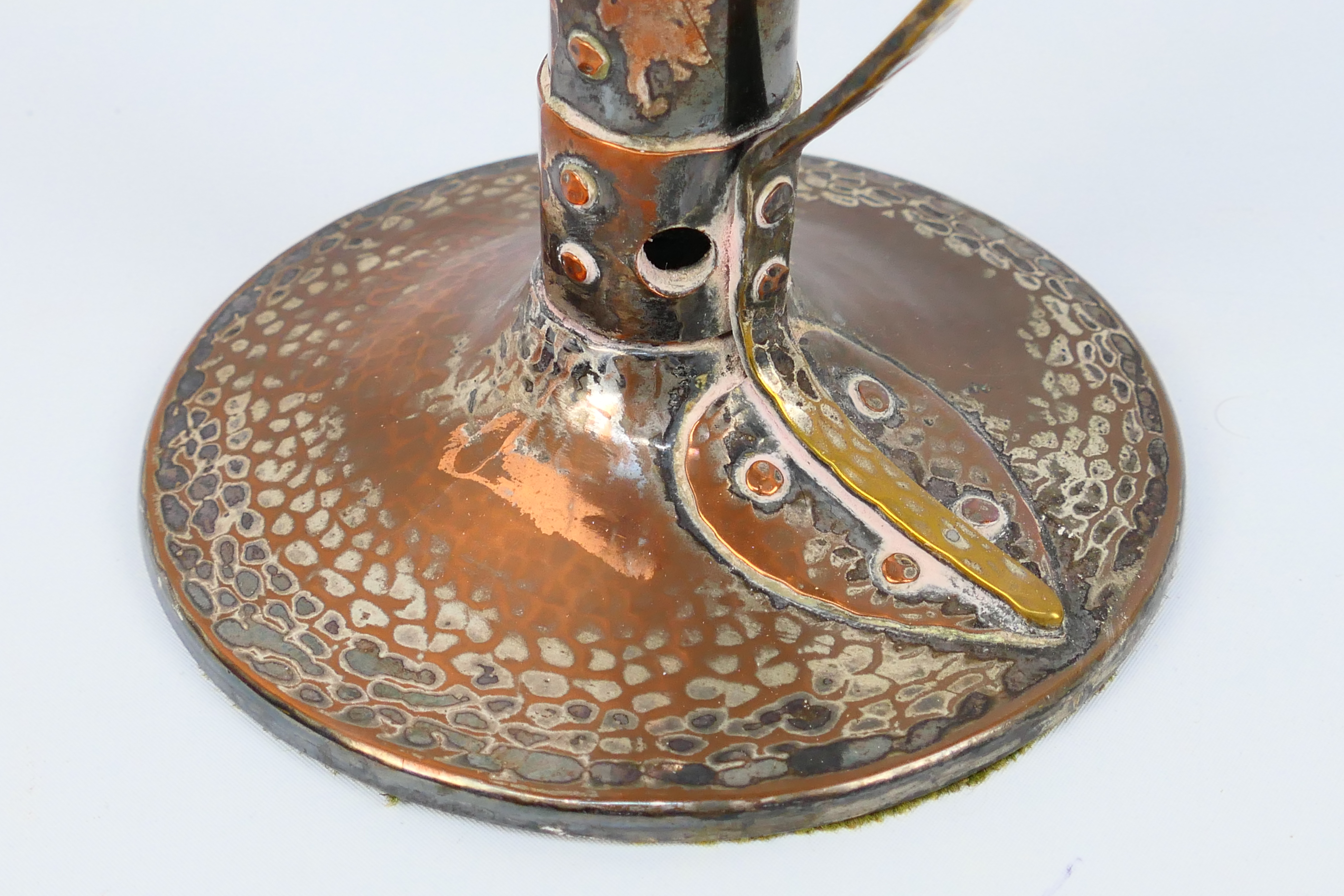 An Arts And Crafts style copper and brass candlestick, remnants of plating in areas, - Image 5 of 8