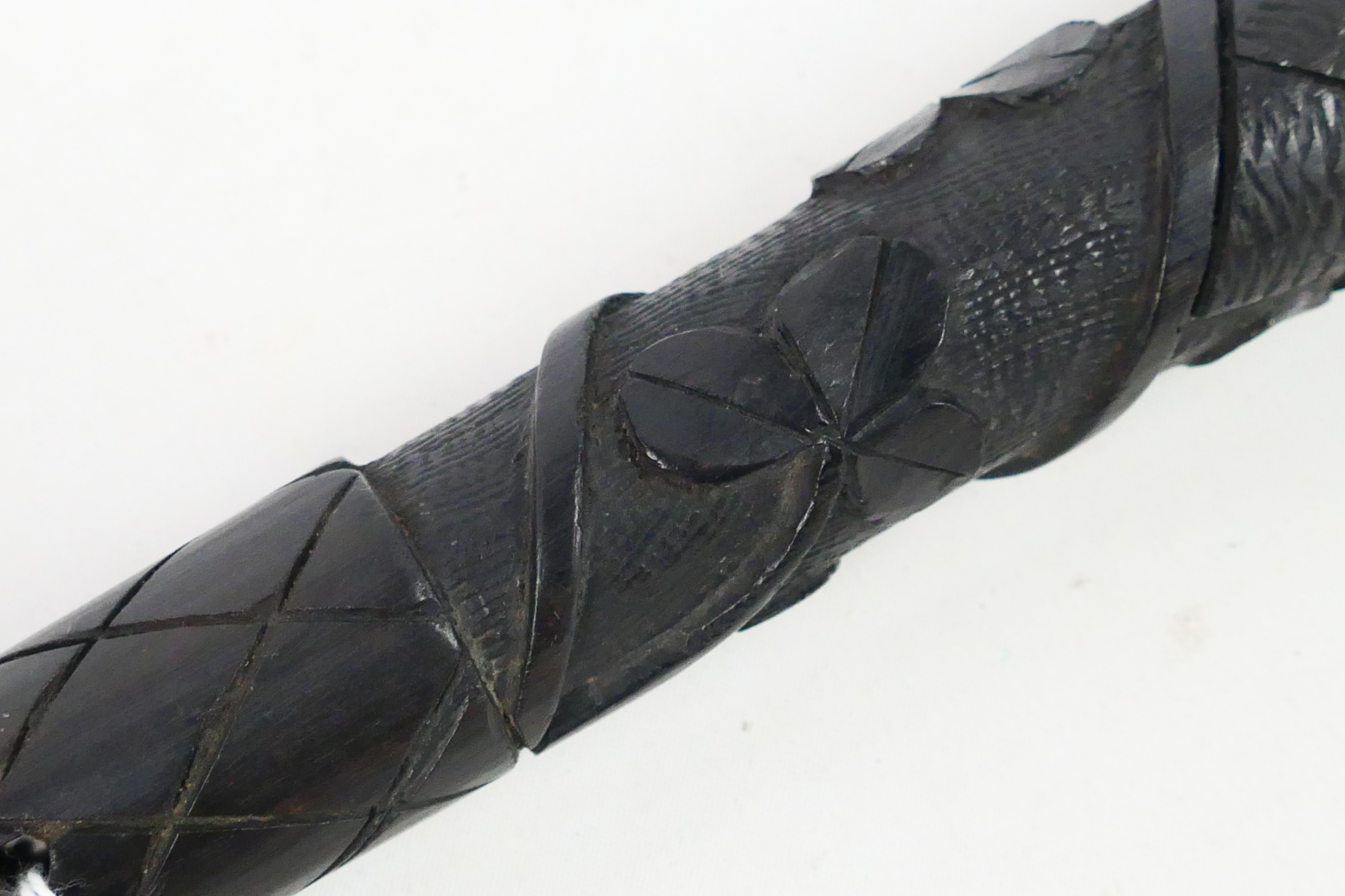 An Irish bog oak truncheon, carved with harp and shamrocks, approximately 24 cm (l). - Image 7 of 8