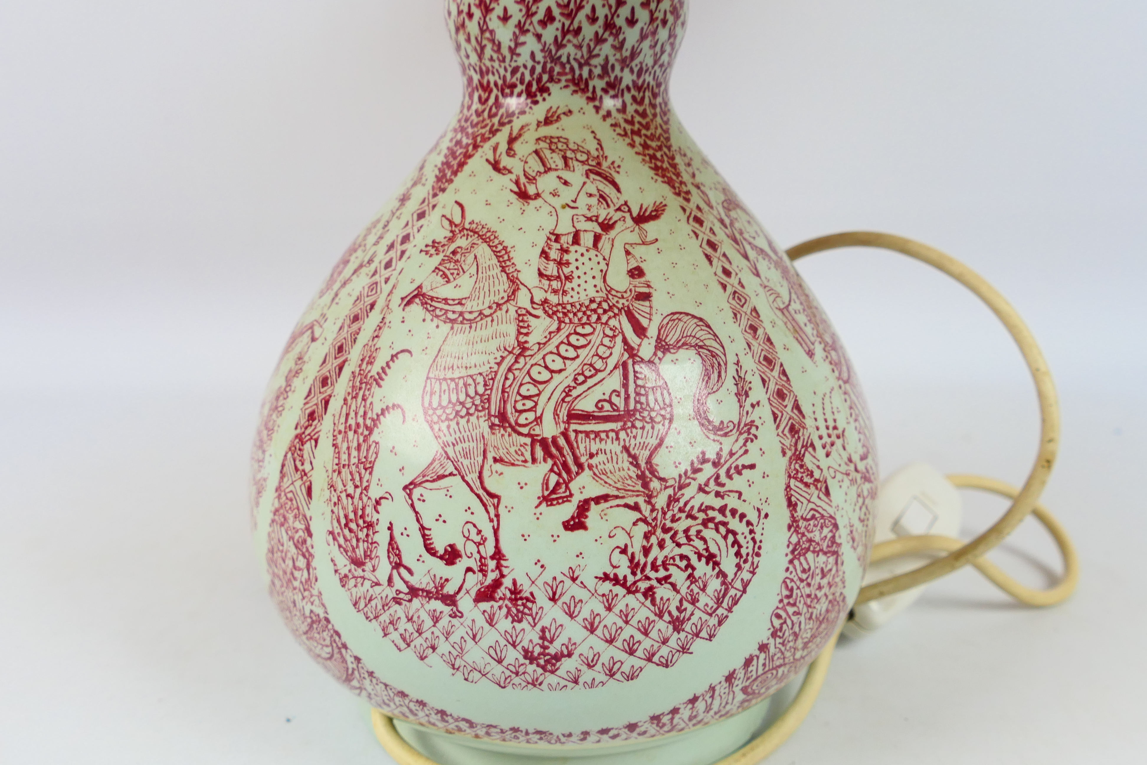 Bjorn Wiinblad For Nymolle - A pottery table lamp printed in red with figures, - Image 3 of 8