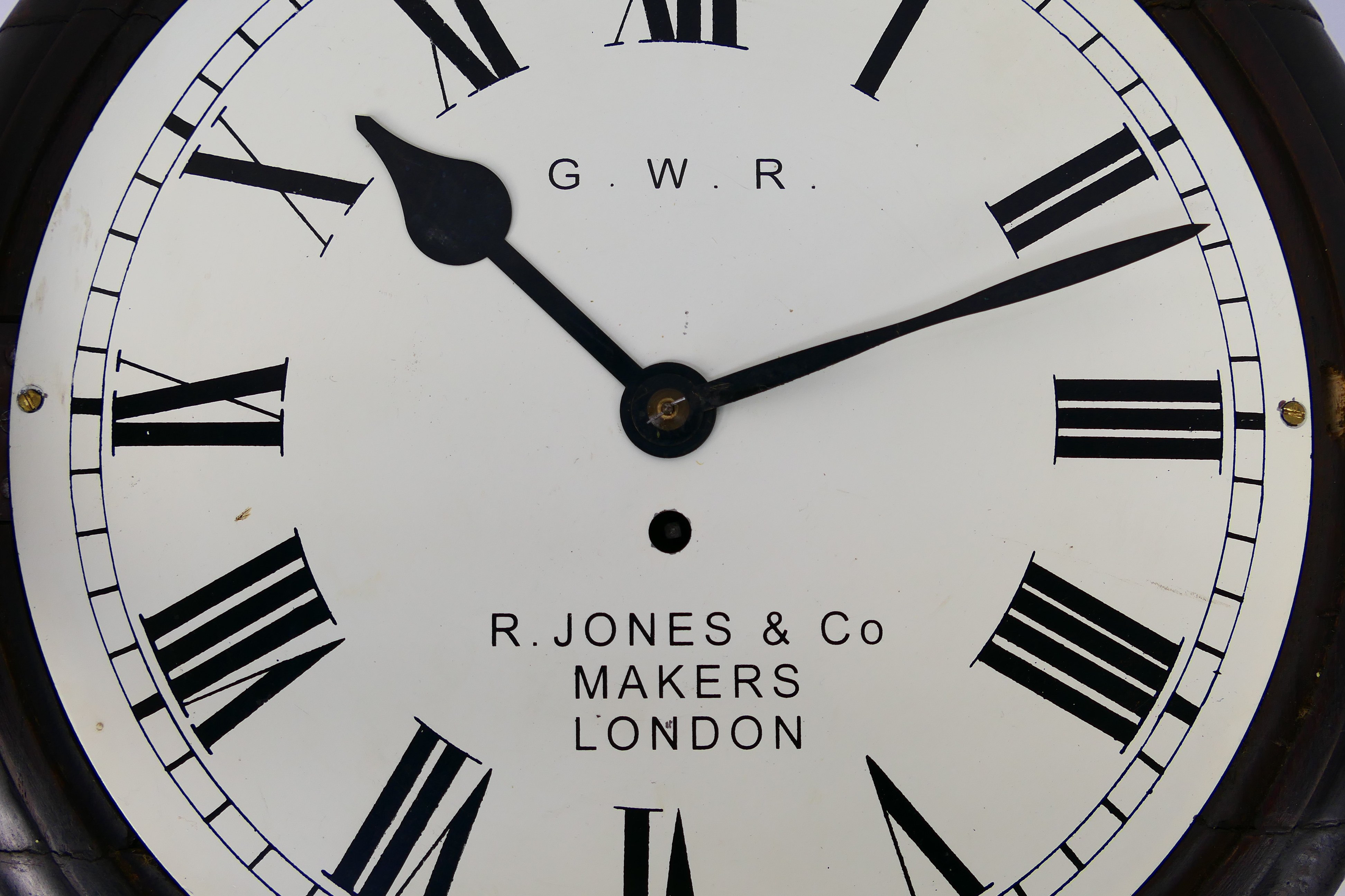 A 12 inch fusee dial clock, dark stained case, white dial marked for GWR and R Jones & Co, Makers, - Image 5 of 12