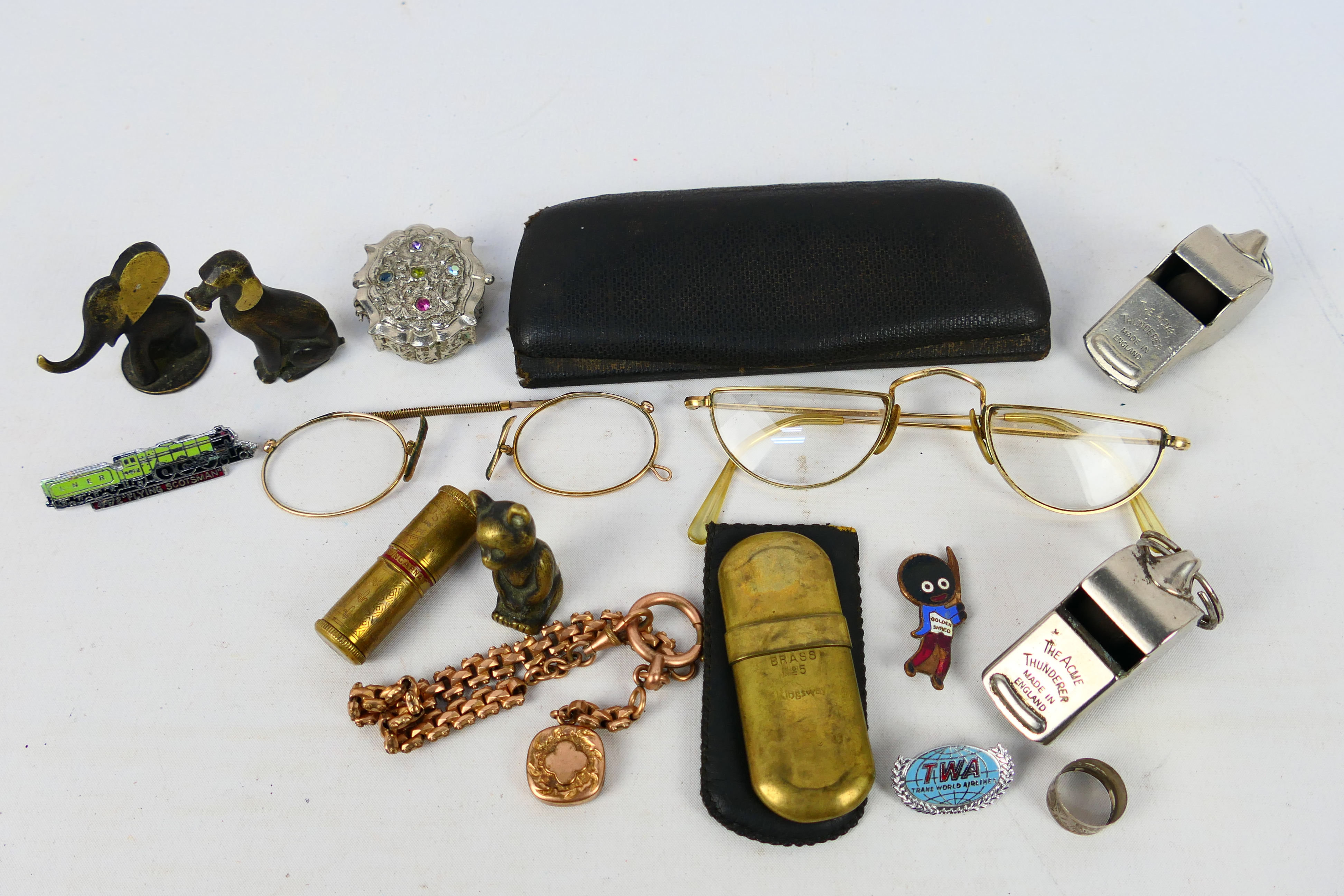 mixed collectables to include Algha 20 half moon spectacles, two Acme Thunderer whistles and other.