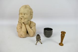 Lot to include a yellow metal desk seal, miniature white metal vase on tripod supports,