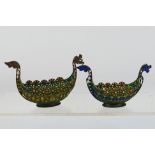 A pair of white metal Viking ships. Glass multi-coloured patterns. Both stamped 925.