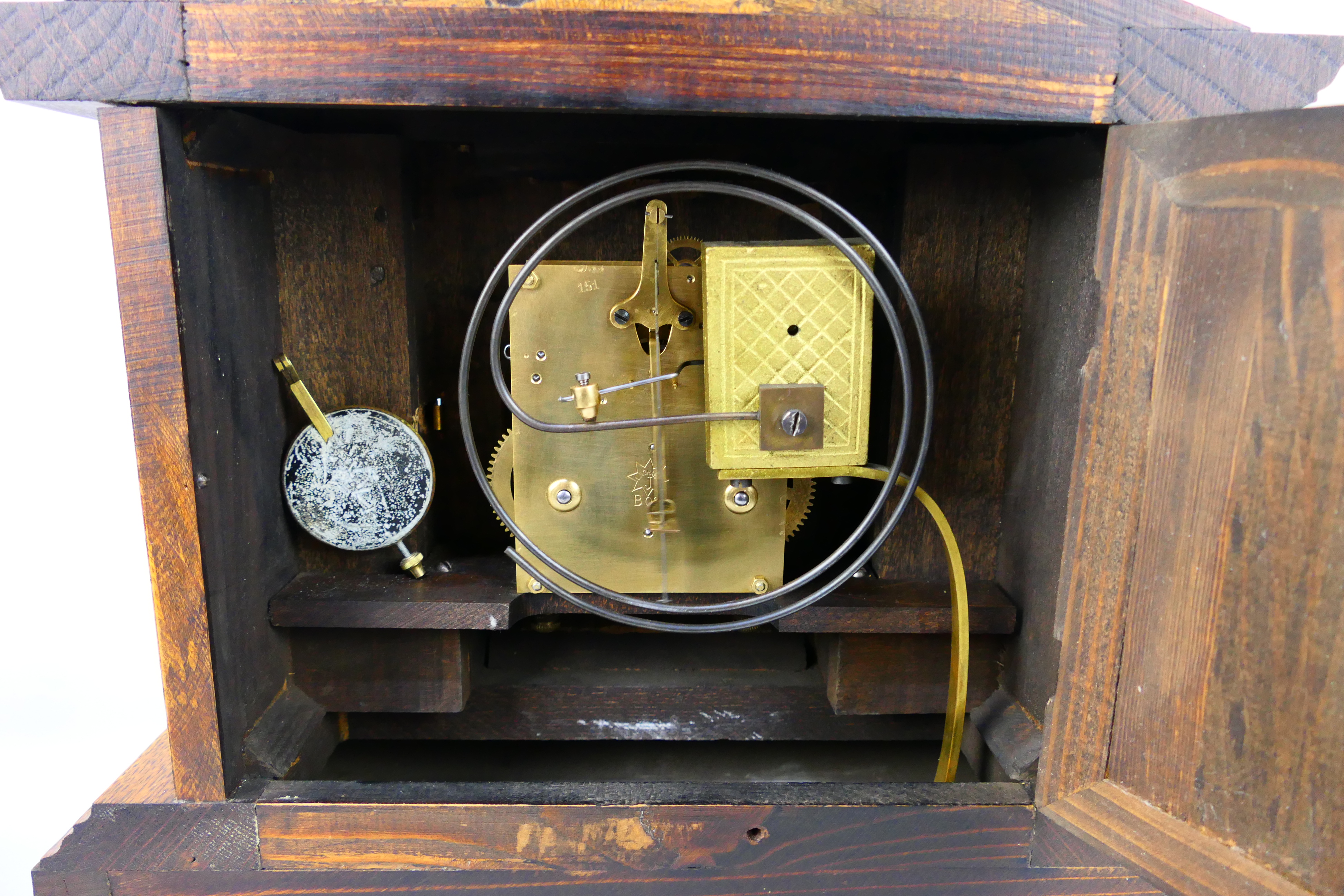 An early 20th century oak cased mantel clock of architectural form, - Image 6 of 9