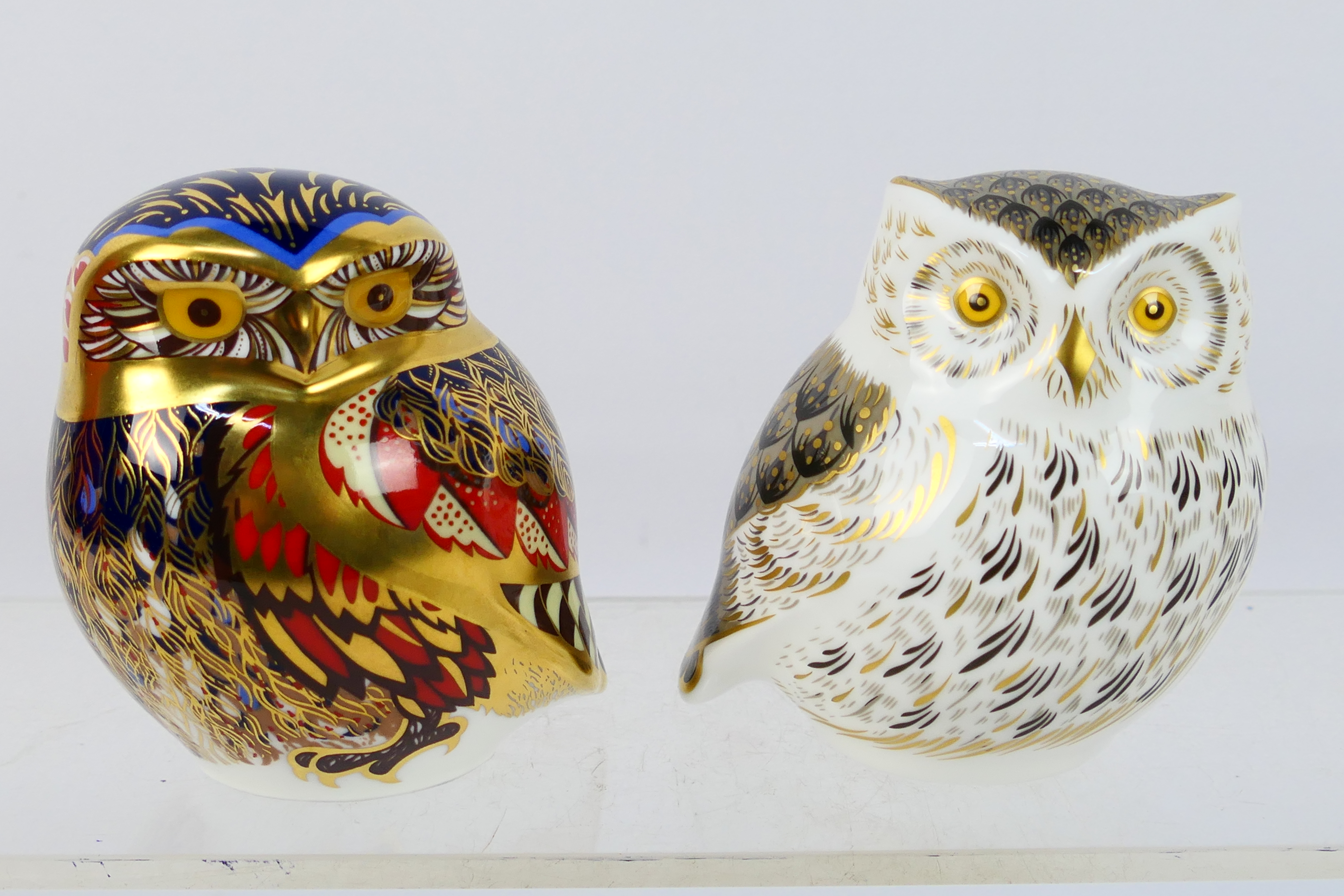 Royal Crown Derby - Two owl form paperweights comprising Athena Owl and Little Grey Owl,