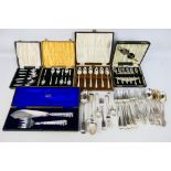 A collection of various silver plated ware including five boxed cutlery sets,