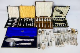 A collection of various silver plated ware including five boxed cutlery sets,