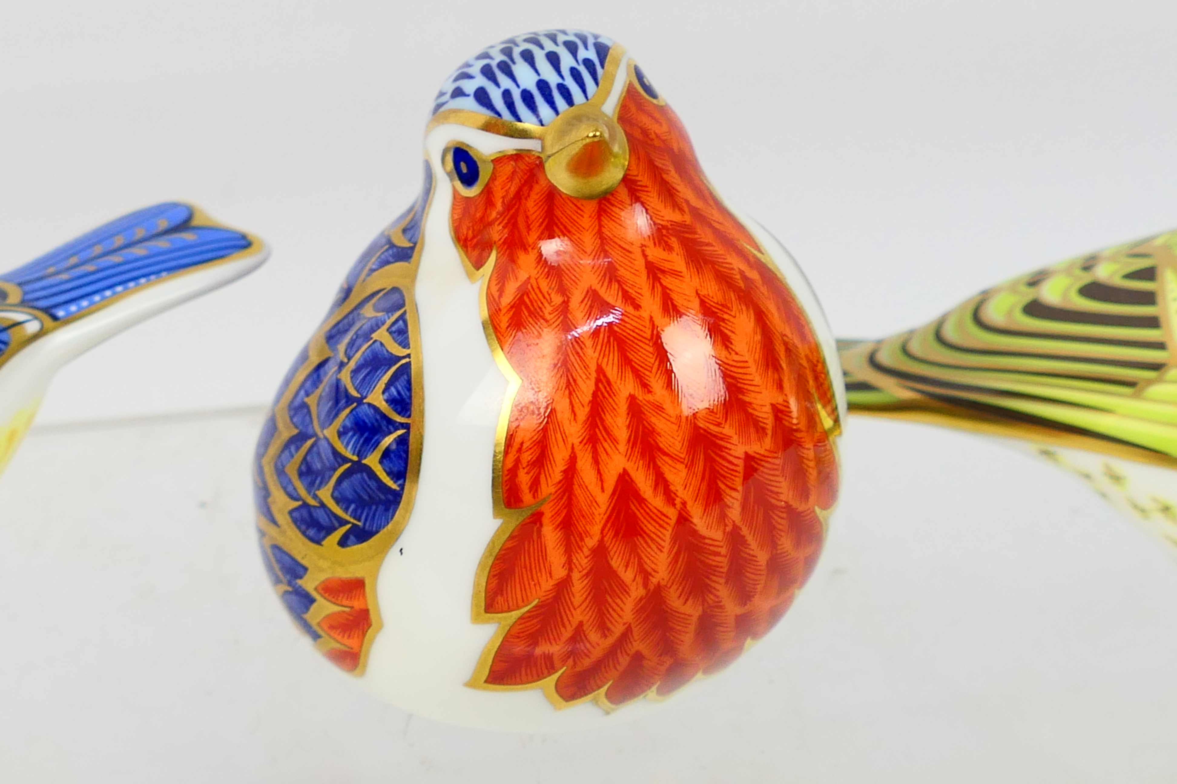 Royal Crown Derby - Three bird form paperweights to include Garden Blue Tit, Chiffchaff and Robin, - Image 4 of 8