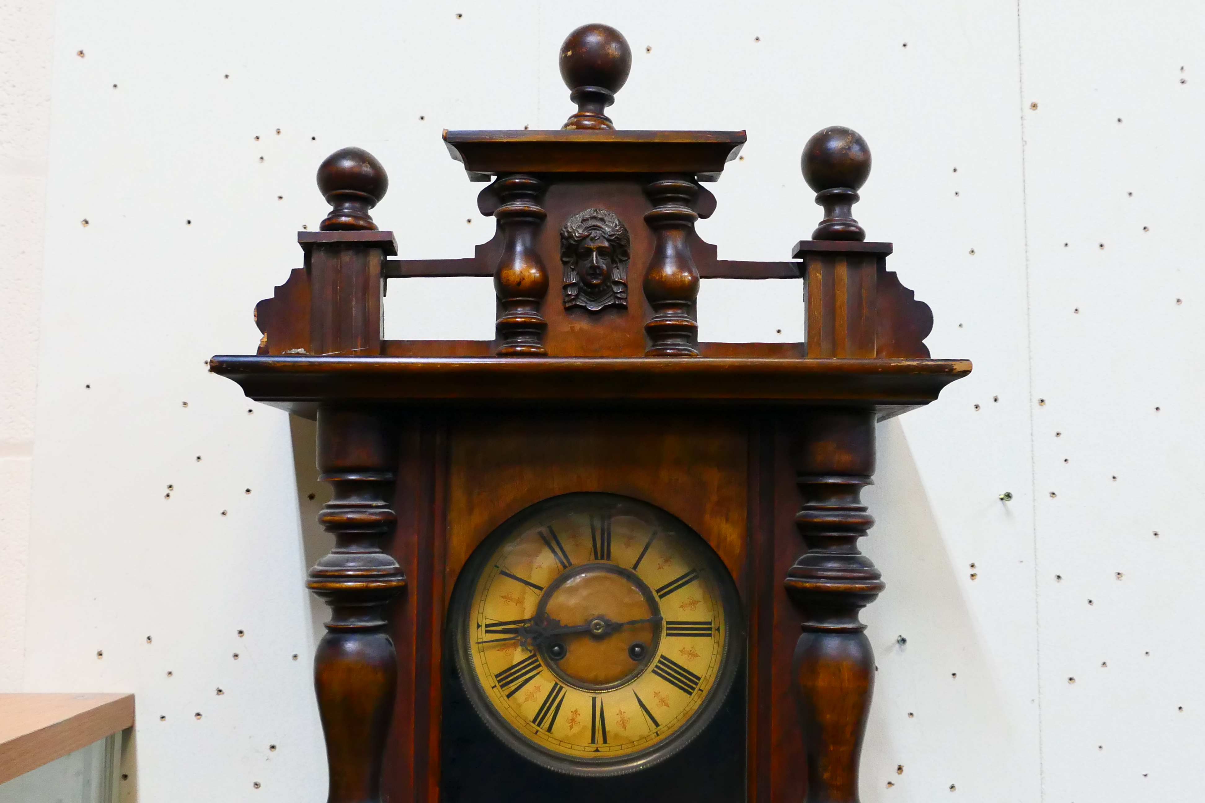 A Vienna-style wall clock. 124 cm (h) x 43 cm (w) x 20 cm (d), with key and pendulum. - Image 2 of 7