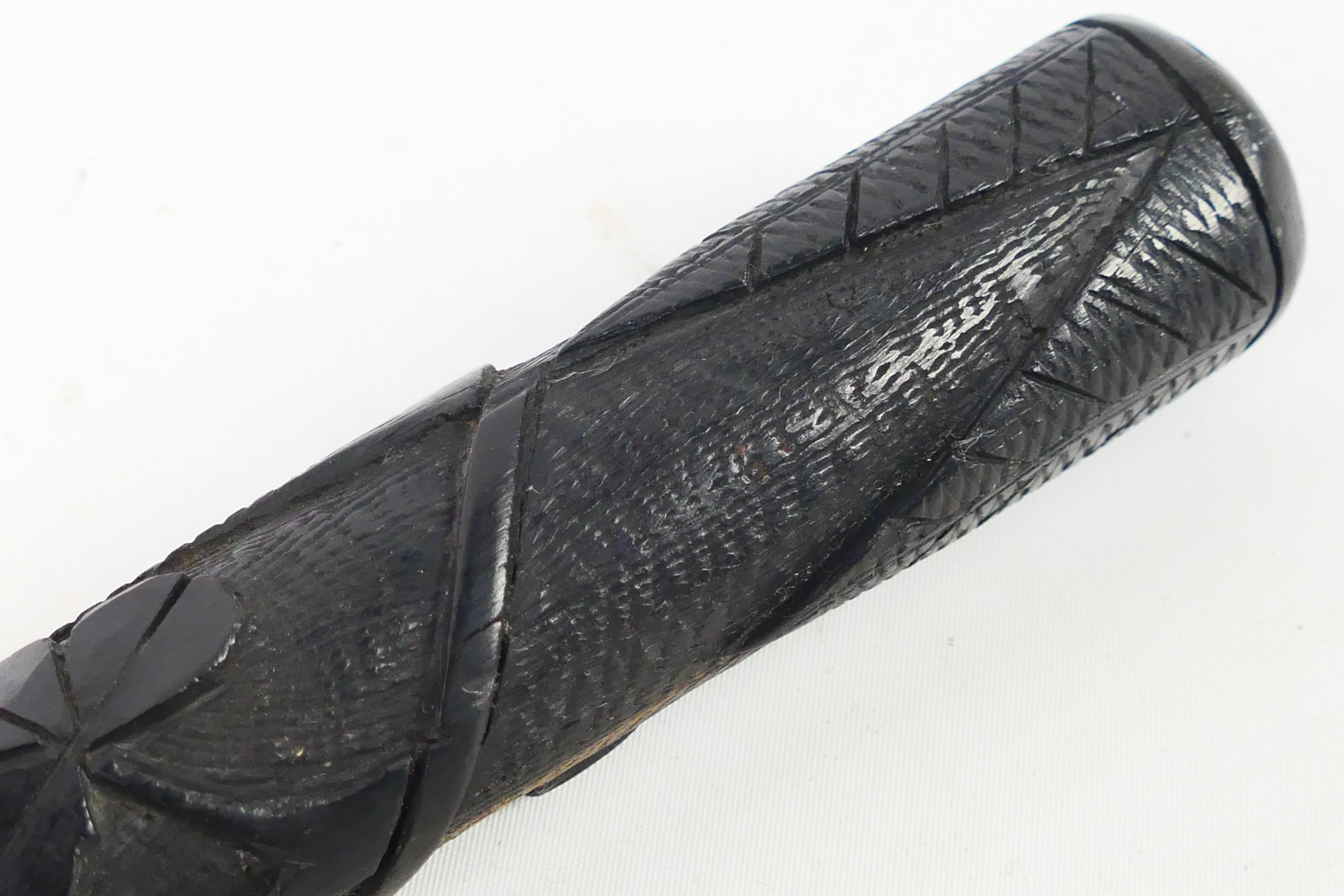 An Irish bog oak truncheon, carved with harp and shamrocks, approximately 24 cm (l). - Image 2 of 8