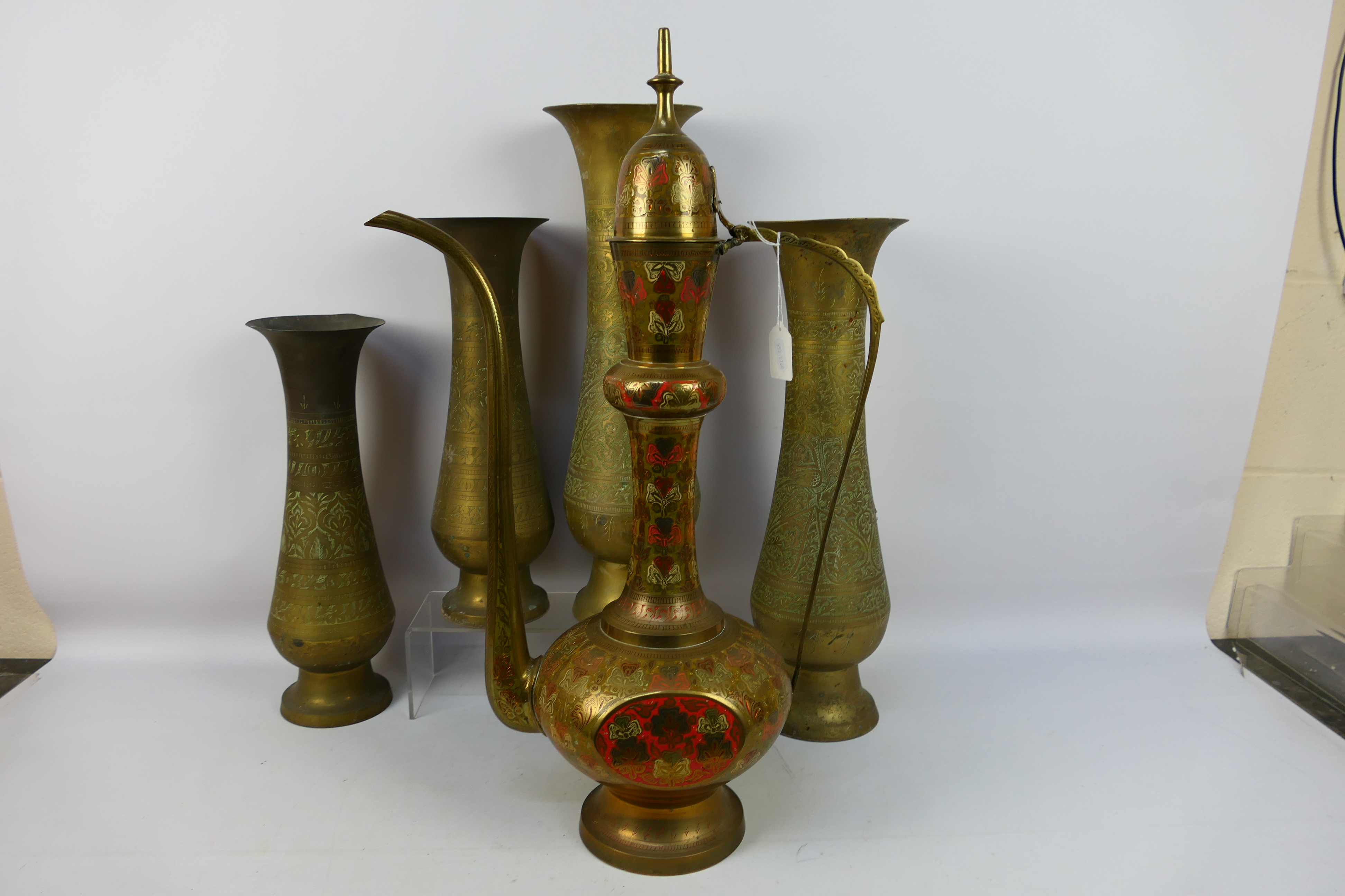 Lot to include four large brass vases with chased decoration, - Image 5 of 7