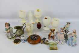 A mixed lot to include onyx goblets, ceramics, Regency Fine Arts figures and similar.