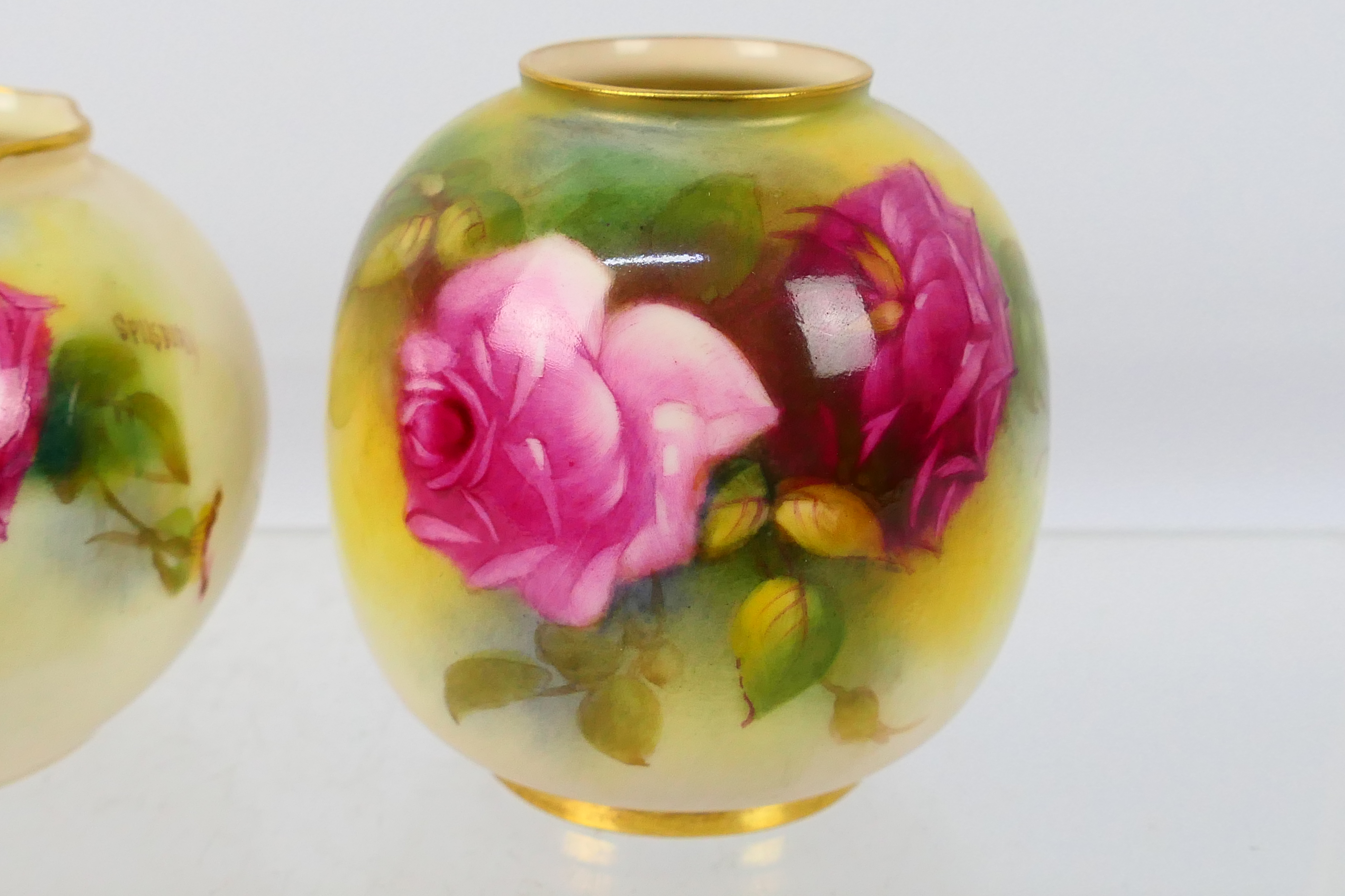 Royal Worcester - Two small vases decorated with roses, one signed for Ethel Spilsbury, - Image 3 of 7