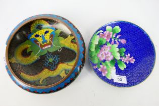 A Chinese cloisonne bowl, the exterior with confronting dragons and flaming pearl,