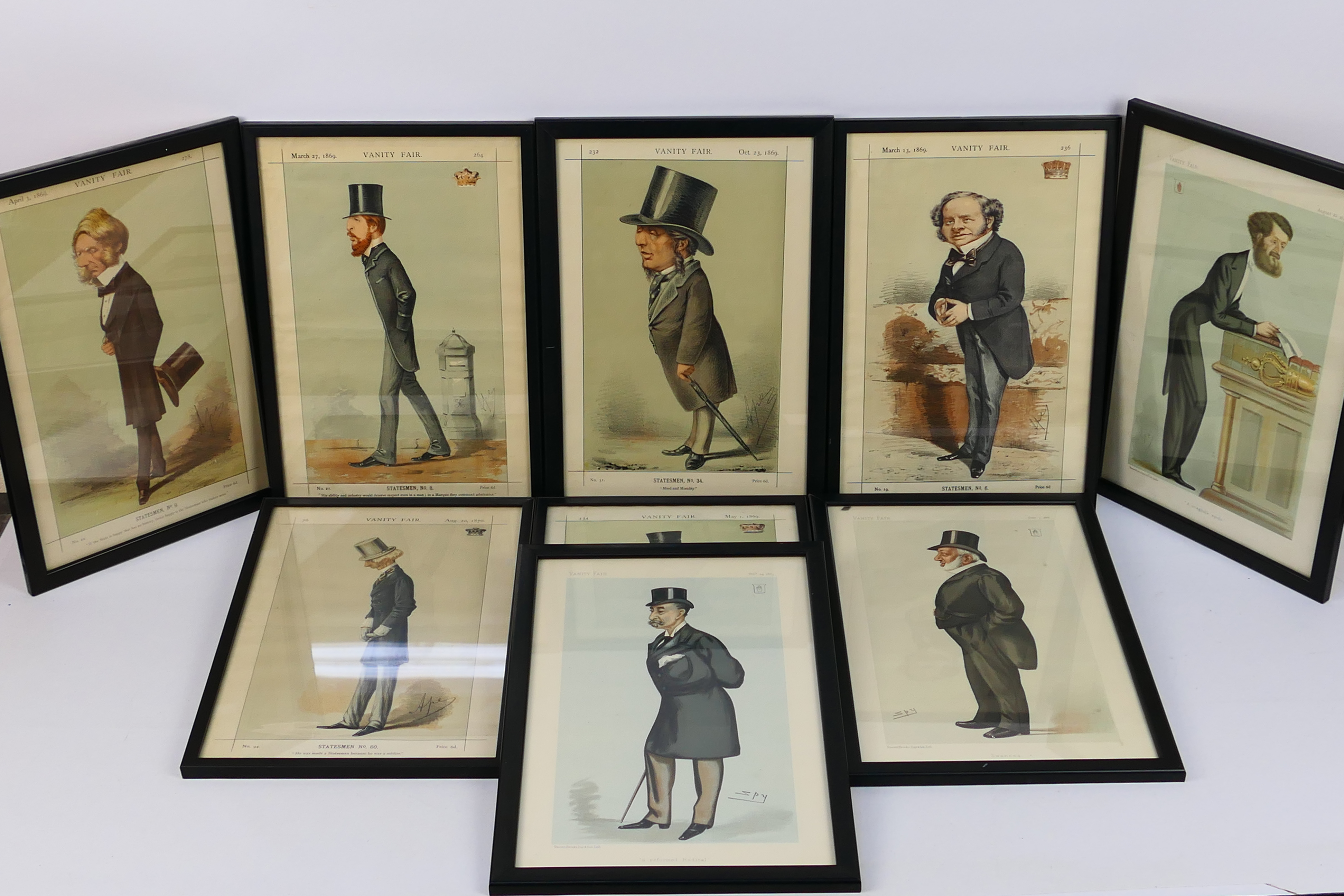 A collection of framed Vanity Fair prints, Ape and Spy, approximately 36 cm x 24 cm, nine.