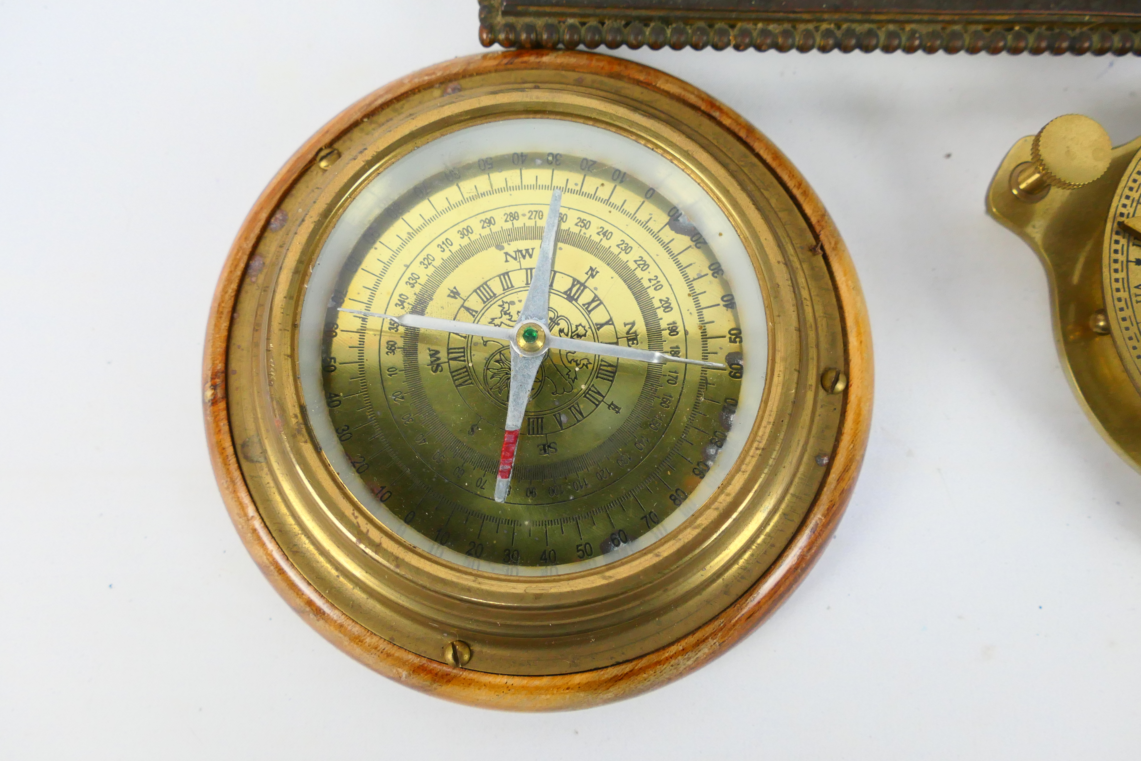Lot to include a brass nautical sundial compass, contained in case, - Image 3 of 7