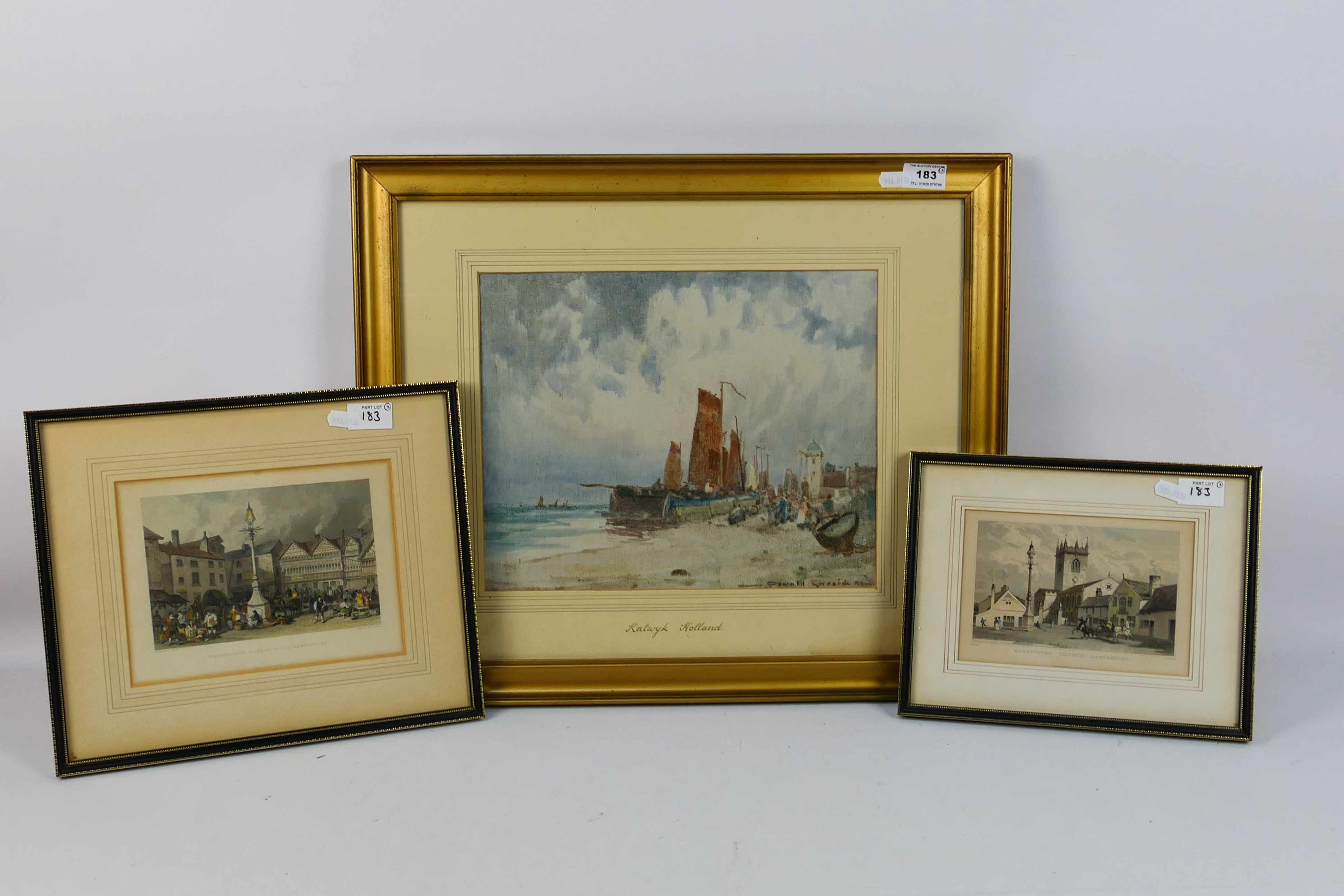 Two framed engravings of Warrington interest, Church and Market Place and a Dutch harbour scene,