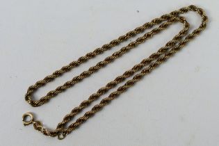 A 9ct yellow gold rope twist necklace, 41 cm (l), approximately 4.3 grams all in.