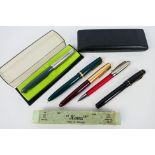 A collection of fountain pens and a mechanical pencil to include Parker, The Nova Pen and other,