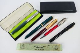 A collection of fountain pens and a mechanical pencil to include Parker, The Nova Pen and other,