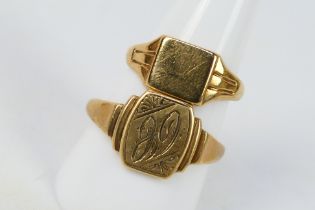 Two 9ct yellow gold signet rings, the first size W, the other O, approximately 7.9 grams.