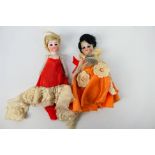 Bisque Mignonette Dolls - 2 x peg jointed all bisque dolls with blue glass eyes and painted