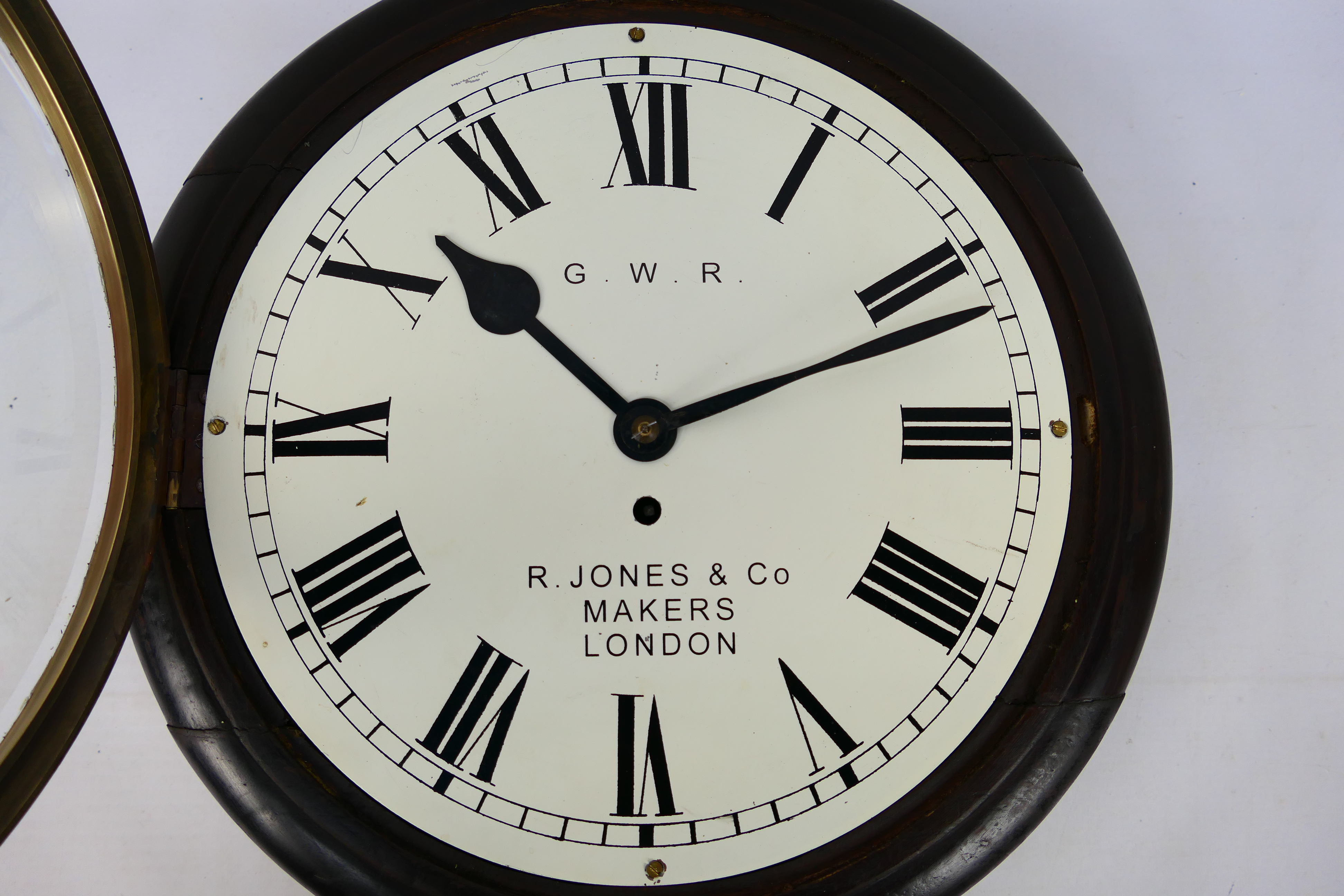 A 12 inch fusee dial clock, dark stained case, white dial marked for GWR and R Jones & Co, Makers, - Image 4 of 12