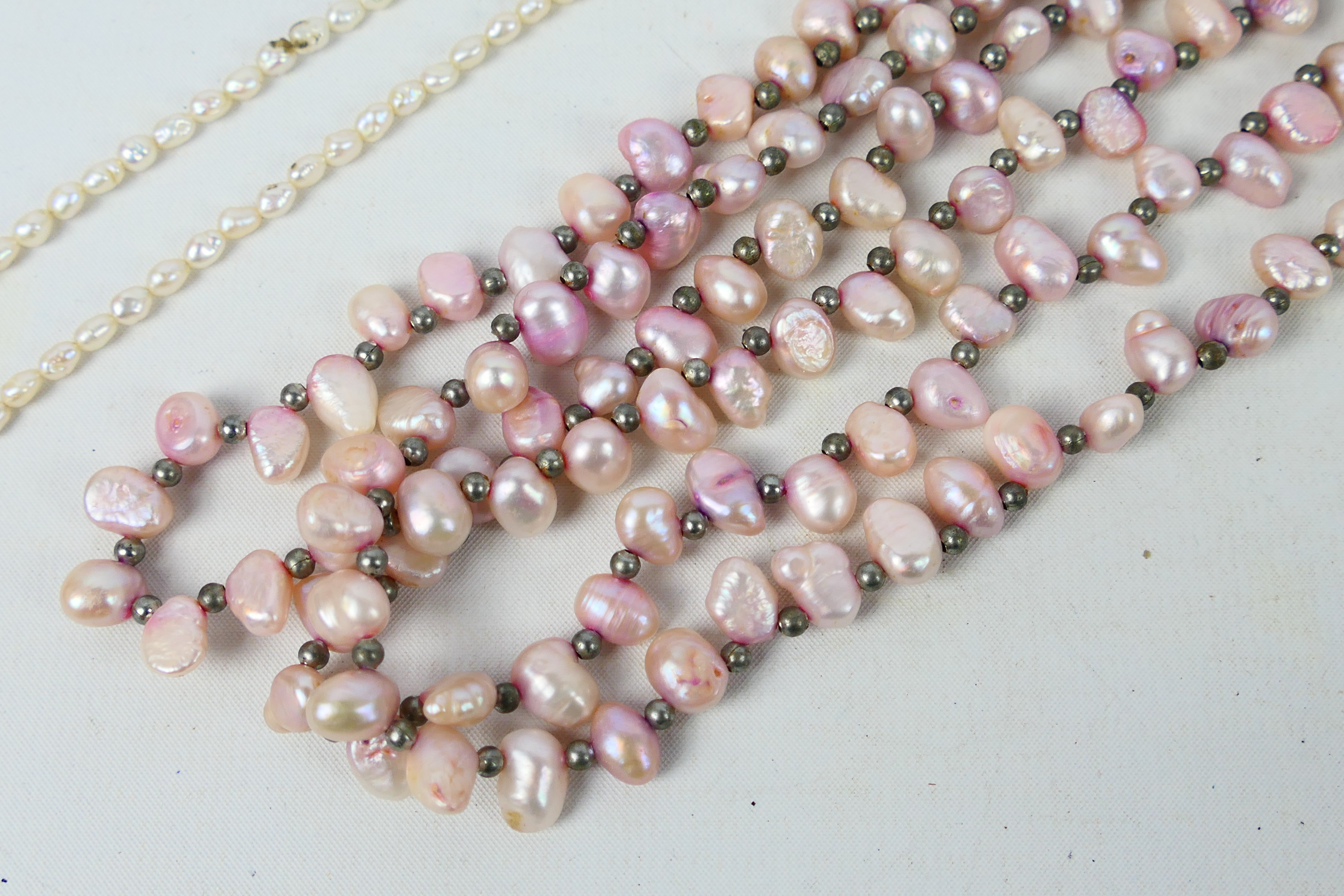 A rice pearl necklace with clasp stamped 9ct (in need of restringing) and a pearl bead three strand - Image 5 of 6