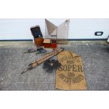 Lot to include a vintage fire guard, fire irons, coal scuttle and a vintage chimney brush. [3].