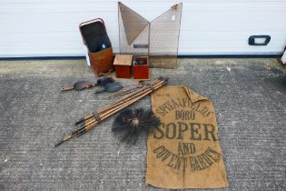Lot to include a vintage fire guard, fire irons, coal scuttle and a vintage chimney brush. [3].