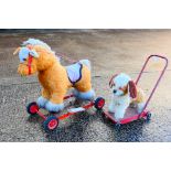 Two vintage unmarked children's push along toys, one of a Pony and one of a dog.